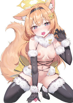1girl :d absurdres animal_ear_fluff animal_ears back_bow black_gloves black_thighhighs blue_archive blue_eyes blush bow breasts cat_ears cat_girl cat_tail claw_pose cleavage closed_mouth commentary condom condom_in_mouth controller cosplay double-parted_bangs elbow_gloves fate/grand_order fate_(series) full_body fur-trimmed_gloves fur-trimmed_legwear fur-trimmed_thighhighs fur_collar fur_trim gloves hair_between_eyes hair_intakes hairband halo hand_up heart heart-shaped_pupils highres holding holding_remote_control kneeling large_bow long_hair looking_at_viewer low_twintails mari_(blue_archive) mash_kyrielight mash_kyrielight_(dangerous_beast) mash_kyrielight_(dangerous_beast)_(cosplay) mouth_hold navel nipples nude o-ring o-ring_top open_mouth orange_hair pussy pussy_juice remote_control remote_control_vibrator revealing_clothes rinringyo sex_toy simple_background small_breasts smile solo stomach swimsuit symbol-shaped_pupils tail thighhighs twintails vibrator white_background yellow_halo