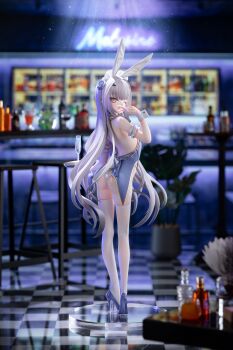 1girl absurdres animal_ears ass back bar_(place) bare_shoulders blush breasts coattails commentary_request cup cyohank detached_collar drinking_glass fake_animal_ears fake_tail fate/grand_order fate_(series) figure_(medium) flower forked_eyebrows hair_flower hair_ornament high_heels highleg highleg_leotard highres leotard long_hair looking_at_viewer looking_back maid_headdress melusine_(fate) mokana_moka photo_(medium) playboy_bunny rabbit_ears rabbit_tail sidelocks small_breasts solo tail thighhighs thighs tray white_hair white_leotard white_thighhighs wrist_cuffs yellow_eyes