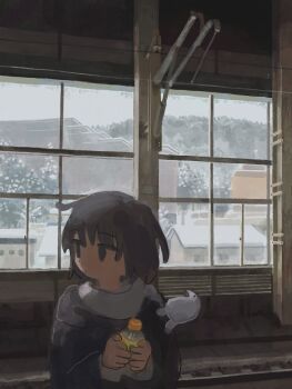 Rule 34 | 1girl, absurdres, bottle, highres, holding, holding bottle, looking to the side, muji (uimss), original, scarf, short hair, snow, solo, train station, upper body, winter