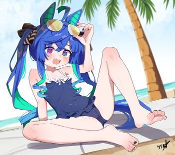 1girl @_@ absurdres ahoge animal_ears barefoot beach beach_towel black_nails blue_eyes blue_hair blue_one-piece_swimsuit boppin breasts cameltoe casual_one-piece_swimsuit collarbone covered_navel crossed_bangs drill_hair eyewear_on_head feet frilled_one-piece_swimsuit frills full_body green_hair heterochromia highres horse_ears horse_girl horse_tail loli long_hair looking_at_viewer multicolored_hair nail_polish ocean one-piece_swimsuit open_mouth outdoors palm_tree purple_eyes sharp_teeth small_breasts soles solo spread_legs sunglasses swimsuit tail teeth tinted_eyewear toenail_polish toenails toes towel tree twin_turbo_(umamusume) twintails two-tone_hair umamusume upper_teeth_only yellow-tinted_eyewear