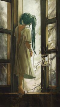 1girl absurdres aqua_hair bandaged_arm bandaged_leg bandaged_neck bandages dress from_behind hatsune_miku highres hospital_gown intravenous_drip kolario long_hair slippers solo twintails vocaloid white_dress