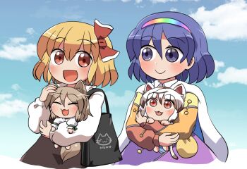4girls :3 :d animal_ear_fluff animal_ears bag barefoot belt_pouch black_bag black_skirt blonde_hair blue_eyes blue_hair blue_sky blush brown_hair calico_(pattern) cape carrying carrying_person cat_ears cat_girl cat_tail closed_eyes closed_mouth cloud commentary_request fox_ears fox_girl fox_tail goutokuji_mike green_ribbon hair_between_eyes hair_ribbon hairband hand_on_another's_head kudamaki_tsukasa long_sleeves mini_person minigirl multicolored_hair multicolored_hairband multiple_girls open_mouth patchwork_clothes pouch rainbow_gradient red_eyes red_ribbon ribbon rokugou_daisuke romper rumia shirt short_hair shoulder_bag signature skirt sky sleeve_ribbon smile streaked_hair tail tenkyuu_chimata tongue tongue_out touhou upper_body white_cape white_hair white_romper white_shirt
