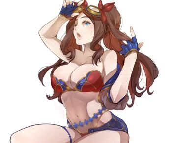 1girl aqua_eyes bare_shoulders bikini blue_bikini blue_gloves blue_shorts breasts brown_hair cleavage cowboy_shot fate/grand_order fate_(series) fingerless_gloves gloves goggles goggles_on_head gold_trim hair_ribbon hand_in_own_hair large_breasts leonardo_da_vinci_(fate) leonardo_da_vinci_(fate/grand_order) leonardo_da_vinci_(rider)_(fate) leonardo_da_vinci_(swimsuit_ruler)_(fate) long_hair looking_at_viewer midriff multicolored_bikini navel one_eye_closed parted_bangs parted_lips red_bikini red_ribbon ribbon ryouto shorts sidelocks solo swimsuit twintails two-tone_bikini white_background