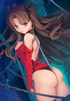 1girl animal artist_self-insert ass back bare_shoulders bdsm bird black_bow black_panties black_thighhighs blue_eyes bondage bound bow brown_hair chain closed_mouth collar cowboy_shot crotch_rope dutch_angle fate/stay_night fate_(series) female_focus fireplace floating_hair from_behind hair_ribbon hand_on_breast hand_on_own_chest light_frown long_hair long_sleeves looking_at_viewer looking_back no_pants panties restrained revision ribbon solo thighhighs tohsaka_rin tsuki_suigetsu two_side_up underwear