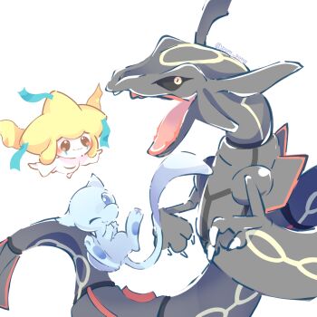 alternate_color black_sclera blue_eyes blush claws closed_eyes closed_mouth colored_sclera colored_skin dragon eastern_dragon fangs floating gen_1_pokemon gen_3_pokemon highres jirachi legendary_pokemon mew_(pokemon) mythical_pokemon nintendo no_humans open_mouth pokemon pokemon_(creature) pokemon_focus pom_pona rayquaza shiny_pokemon simple_background smile tail tanzaku white_skin window yellow_eyes