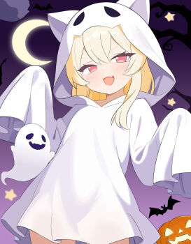 1girl 544962098 :d absurdres bat_(animal) blonde_hair crescent_moon dress fang ghost ghost_costume halloween halloween_costume hands_up highres hood hood_up hooded_dress jack-o&#039;-lantern long_sleeves looking_at_viewer medium_hair mesugaki moon night open_mouth original pink_eyes sheet_ghost short_dress skin_fang sleeves_past_fingers sleeves_past_wrists smile smug star_(symbol) tree v-shaped_eyebrows white_dress