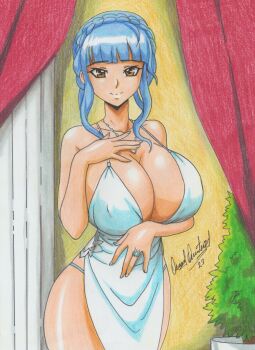 1girl alternate_breast_size_(larger) blue_hair breasts brown_eyes cleavage commission covered_erect_nipples dress fire_emblem fire_emblem:_three_houses highres huge_breasts jewelry looking_at_viewer marianne_von_edmund nintendo ravernclouk_design ring second-party_source short_hair smile solo thick_thighs thighs traditional_media white_dress