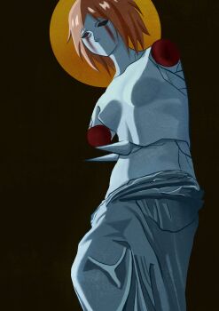 absurdres amputee armless_amputee black_background blood bloody_tears breasts brown_hair commentary cowboy_shot crack english_commentary fear_&amp;_hunger_(series) fear_&amp;_hunger_1 highres hollow_eyes magna_lucis no_mouth no_nipples short_hair small_breasts spikes spoilers the_god_of_fear_and_hunger venus_de_milo