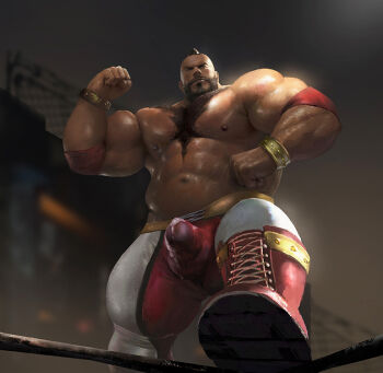 1boy abs bara beard biceps brown_hair bulge chest_hair cum cum_in_clothes cum_through_clothes erection erection_under_clothes facial_hair flexing from_below huge_pectorals male_focus mature_male mohawk muscular muscular_arms muscular_legs muscular_male navel nipples pectorals phairtails_(hairtails1) short_hair solo stomach street_fighter street_fighter_6 strongman_waist thick_eyebrows thighs topless_male wrestler wrestling_outfit zangief