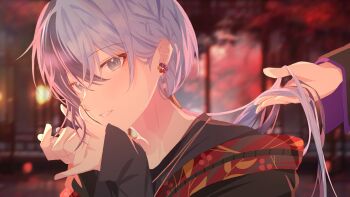 2boys aoyagi_touya black_skirt earrings flower grey_eyes hand_in_another&#039;s_hair highres jewelry long_hair long_sleeves multiple_boys own_hands_together project_sekai shiba_yoyoyo shinonome_akito skirt smile teeth tree