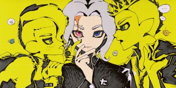 ... 1girl 2boys absurdres black_jacket bloodshot_eyes blue_eyes commentary eyebrow_piercing face_piercing grey_hair heterochromia highres inkling inkling_boy inkling_player_character jacket macdeathone monochrome multiple_boys nintendo nostrils octoling octoling_boy octoling_player_character open_mouth piercing pointy_ears speech_bubble spiked_hair splatoon_(series) spoken_ellipsis spoken_expression symbol-only_commentary tentacle_hair undercut