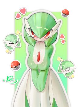 1girl =_= artist_name blush bob_cut border breasts bright_pupils character_cutout collarbone colored_skin cosplay cowboy_shot day_(dayday0137) female_focus gardevoir gen_3_pokemon gradient_background green_background green_hair green_skin hair_between_eyes hanging_breasts heart large_breasts leaning_forward looking_at_viewer multicolored_skin multiple_views nintendo o_o outline outside_border own_hands_together poke_ball poke_ball_(basic) pokemon pokemon_(creature) red_eyes shiny_skin short_hair signature sparkle standing two-tone_skin v_arms white_border white_outline white_pupils white_skin