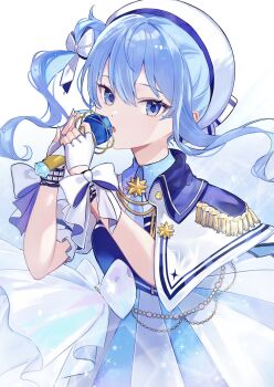 1girl aya02ka beret blue_eyes blue_hair blue_nails blue_necktie blue_shirt bow brooch collared_shirt commentary_request detached_sleeves epaulettes fingerless_gloves gloves hair_between_eyes hair_bun hat high-waist_skirt highres holding holding_microphone hololive hoshimachi_suisei hoshimachi_suisei_(supernova) idol_clothes jewelry long_hair looking_at_viewer microphone necktie official_alternate_costume open_mouth pleated_skirt puffy_detached_sleeves puffy_sleeves shirt side_cape side_ponytail side_up_bun simple_background single_epaulette skirt solo star_(symbol) star_brooch star_in_eye symbol_in_eye virtual_youtuber white_background white_bow white_gloves white_hat white_skirt