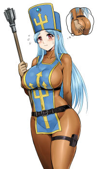 1girl ass belt black_belt blue_hat blue_tabard bodysuit breasts brown_bodysuit brown_gloves commentary dragon_quest dragon_quest_iii flying_sweatdrops gloves hand_on_own_ass hat highres holding holding_mace holding_weapon impossible_bodysuit impossible_clothes large_breasts mace mitre pouch priest_(dq3) solo speech_bubble sweatdrop tabard thigh_pouch thought_bubble turtleneck turtleneck_bodysuit weapon y.ssanoha