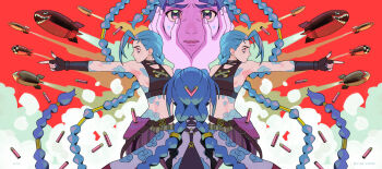 absurdres arcane:_league_of_legends asymmetrical_bangs blue_hair braid bullet cloud_tattoo fingerless_gloves gloves hands_on_own_face highres jinx_(league_of_legends) league_of_legends looking_at_viewer missile profile sarakipin shoulder_tattoo steam stomach_tattoo tattoo twin_braids