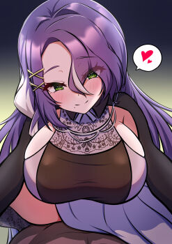 1girl absurdres blush breasts cowgirl_position green_eyes hair_ornament highres huge_breasts largamente_(monster_strike) long_hair mole mole_under_mouth monster_strike pov purple_hair ririsu082 sideboob simple_background spread_legs straddling