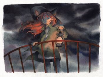 1girl black_hat black_pants border cloud cloudy_sky commentary cowboy_shot english_commentary green_jacket grey_eyes grey_sky grey_sweater hand_on_railing hat heikala highres holding holding_lantern jacket lantern long_hair open_clothes open_jacket orange_hair orange_light original painting_(medium) pants parted_lips railing redrawn sky solo standing storm sweater traditional_media turtleneck turtleneck_sweater watercolor_(medium) white_border wide-eyed wind witch witch_hat