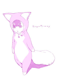 1girl animal_costume animal_hood baiola ergo_proxy full_body highres holding holding_sack hood looking_at_viewer monochrome open_mouth pino_(ergo_proxy) purple_hair sack short_hair simple_background solo white_background