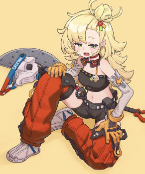 1girl absurdres bare_shoulders black_shirt black_shorts blonde_hair blush commentary_request crop_top detached_pants detached_sleeves earrings full_body gloves goggles goggles_around_neck green_eyes half-closed_eyes hand_on_own_knee highres jewelry long_hair midriff navel oogushi_aritomo open_mouth orange_pants pants piper_wheel saw shirt shoes short_eyebrows shorts solo spiked_shirt tears thick_eyebrows torn_clothes torn_shirt weapon white_shoes white_sleeves yellow_background yellow_gloves zenless_zone_zero