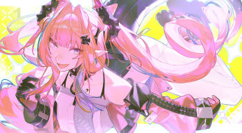 1girl arknights arknights:_endfield bandeau black_bandeau black_boots black_horns blue_outline boots choker cone_hair_bun crop_top diamond_in_eye drill_hair fang flashing floating gloves green_tail hair_bun hair_flowing_over hair_intakes hair_on_horn halftone highres horns light_particles long_hair looking_at_viewer multicolored_hair multicolored_horns neon_palette open_mouth outline pants pembiklimon pink_gloves pink_horns pink_sleeves pink_tube_top pointy_ears see-through_clothes see-through_sleeves skin_fang smile solo strapless streaked_hair tail tube_top twin_drills two-tone_background two-tone_gloves two-tone_horns white_background white_pants yellow_background yvonne_(arknights)