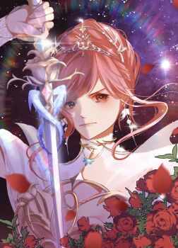 Rule 34 | 1girl, absurdres, brown eyes, chinese commentary, closed mouth, collar, commentary request, detached collar, determined, dress, eyelashes, floating hair, flower, furrowed brow, gold tiara, hair bun, high collar, highres, holding, holding sword, holding weapon, infinity nikki, lace collar, lens flare, light blush, lips, melody bloom (infinity nikki), nikki (nikki), nikki (series), petals, pink hair, pink lips, realistic, red flower, red rose, rose, rose petals, short hair with long locks, short sleeves, single hair bun, solo, space, star (sky), sword, updo, upper body, weapon, white arm warmers, white collar, white dress, zhangshu u