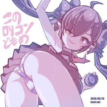 1girl ;) ahoge arm_up armpits ass ass_focus backbeako_(torotei) backbeard black_dress black_hair black_ribbon blush breasts commentary crotch_seam dated dated_commentary dress eyeball eyes_visible_through_hair from_behind gegege_no_kitarou hair_over_one_eye hair_ribbon holding holding_eyeball kono_lolicon_domome long_hair looking_at_viewer looking_back neckerchief one_eye_closed original paid_reward_available panties parted_lips pleated_dress pointy_ears red_eyes red_neckerchief ribbon simple_background sleeveless sleeveless_dress small_breasts smile smirk solo thighs torotei translated twintails underwear upskirt v-shaped_eyebrows watermark web_address white_background white_panties