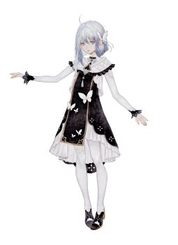 Rule 34 | 1girl, absurdres, ahoge, brooch, bug, butterfly, butterfly hair ornament, ciel (kamitsubaki studio), commentary request, dress, expressionless, full body, hair ornament, high heels, highres, insect, jewelry, kamitsubaki studio, medium hair, official art, outstretched arm, pantyhose, shirone (coxo ii), white eyes, white hair, white pantyhose