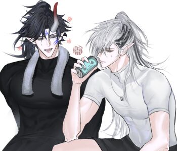 2boys absurdres altus_zendoji black_hair black_shirt can cassian_floros closed_mouth commentary english_commentary first_stage_production highres holding holding_can horns kaikaijins looking_at_viewer male_focus multiple_boys open_mouth pointy_ears ponytail shirt shorts single_horn smile virtual_youtuber white_background white_hair white_shirt