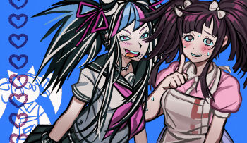 3girls alternate_hairstyle apron black_hair black_sailor_collar black_skirt blue_background blue_hair blue_streaks blush bow collared_shirt commentary danganronpa_(series) danganronpa_2:_goodbye_despair ear_piercing eyelashes face_piercing hair_bow hair_horns hair_ribbon heart highres index_finger_raised junkpll long_hair mioda_ibuki mouth_piercing multicolored_hair multiple_girls neckerchief nervous_smile nervous_sweating piercing pink_eyes pink_hair pink_neckerchief pink_ribbon pink_shirt pink_streaks purple_eyes purple_hair ribbon sailor_collar saionji_hiyoko school_uniform scrunchie serafuku shirt short_sleeves simple_background skirt smile streaked_hair sweat symbol-only_commentary teeth tongue tongue_out tsumiki_mikan twintails v-shaped_eyebrows white_apron white_bow white_hair white_shirt wrist_scrunchie