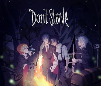 Rule 34 | 2boys, 2girls, belt, black eyes, black hair, black jacket, black vest, blonde hair, campfire, closed eyes, collared shirt, commentary request, crossover, curtained hair, don't starve, don quixote (project moon), double-parted bangs, english text, exhausted, eyeball, faust (project moon), forest, hair between eyes, harmonica, heathcliff (project moon), highres, holding, holding sword, holding weapon, ideal u u, instrument, jacket, jacket on shoulders, korean commentary, limbus company, medium hair, multiple boys, multiple girls, music, musical note, nature, necktie, night, planted, planted sword, planted weapon, playing instrument, project moon, red necktie, scar, scar on arm, shirt, short hair, sidelocks, sleeves rolled up, sparkle, staff, suspenders, sweatdrop, sword, treasure chest, vest, weapon, white hair, white shirt, yi sang (project moon), zweihander