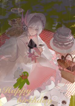 Rule 34 | 1girl, :d, absurdres, alternate costume, ascot, black ascot, bonnet, bottle, bread, cake, commentary request, cup, cupcake, dress, food, frilled dress, frilled sleeves, frills, fruit, full body, happy birthday, headgear, highres, holding, holding cup, kajol98606618, lemon, lemon slice, liv (pgr), long dress, long hair, long sleeves, looking at viewer, macaron, open mouth, outdoors, picnic, picnic basket, picnic blanket, pink eyes, plate, puffy long sleeves, puffy sleeves, punishing: gray raven, sitting, sleeves past wrists, smile, solo, stuffed animal, stuffed frog, stuffed toy, teacup, teapot, teeth, tiered tray, upper teeth only, white bonnet, white dress, white hair, wine bottle