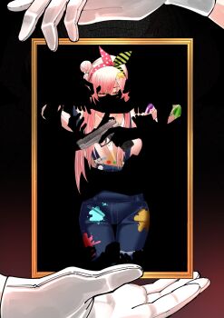 Rule 34 | 1girl, absurdres, airani iofifteen, blue hair, breasts, closed eyes, commentary, english commentary, gradient hair, hair bun, hair ornament, hairband, highres, hololive, hololive indonesia, long hair, long sidelocks, multicolored hair, paint splatter, picture frame, pink hair, side ponytail, sidelocks, solo, virtual youtuber, windhigh21