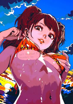 1girl absurdres beach bikini bra bra_pull brown_eyes brown_hair clothes_pull from_below highres kujikawa_rise lips long_hair looking_down midriff navel oeilvert_fft outdoors persona persona_4 smile swimsuit twintails underwear watermark white_nails