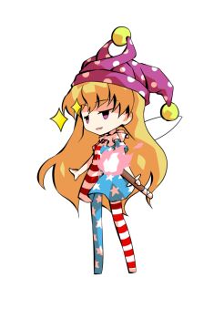 1girl american_flag american_flag_dress american_flag_legwear american_flag_print blonde_hair chibi chibi_only clownpiece commentary_request dairi fairy_wings flag_print full_body hat holding holding_torch jester_cap large_variant_set long_hair no_shoes pantyhose polka_dot_headwear purple_hat short_sleeves simple_background solo tachi-e torch touhou transparent_background variant_set wings