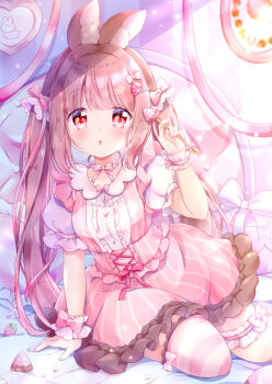 1girl animal_ear_fluff animal_ears apollo_chocolate arm_support blunt_bangs blush bow box brown_hair buttons chiika_(cure_cherish) cross-laced_clothes dress food food-themed_hair_ornament frilled_thigh_strap frills fruit gift gift_box hair_bow hair_ornament hair_ribbon hairclip hand_up heart_button holding jewelry light_particles long_hair looking_at_viewer necklace open_mouth original pearl_necklace pink_bow pink_dress pink_eyes pink_theme pink_thighhighs puffy_short_sleeves puffy_sleeves rabbit_ears ribbon short_sleeves single_thighhigh sitting solo sparkle strawberry strawberry_hair_ornament striped_clothes striped_thighhighs thigh_strap thighhighs twintails vertical_stripes very_long_hair wrist_cuffs yokozuwari