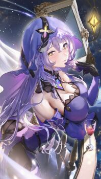 1girl against_railing ass black_swan_(honkai:_star_rail) breasts card cleavage commentary_request cup detached_sleeves drinking_glass floral_print gloves hair_between_eyes highres holding holding_card honkai:_star_rail honkai_(series) lantern large_breasts light_smile long_hair looking_at_viewer otabaaa pantyhose picture_frame purple_hair railing star_(sky) veil very_long_hair wine_glass yellow_eyes