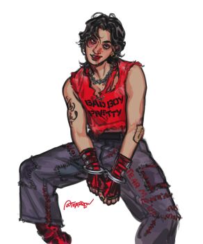 1boy alternate_costume alternate_universe arm_tattoo artist_name bandage_on_elbow bare_shoulders black_eyes black_hair blood blood_on_face boots breasts bruise bruise_on_arm bruise_on_hand bruised_eye commentary cuffs denim earrings english_commentary fingerless_gloves gloves handcuffs head_tilt injury jeans jewelry lips long_hair looking_at_viewer male_focus modao_zushi necklace pants parted_bangs patchwork_clothes piercing red_boots red_gloves red_lips red_tank_top shirt signature simple_background sitting sleeveless smile solo tank_top tattoo teardew toned toned_male tongue tongue_out torn_clothes torn_shirt wei_wuxian white_background