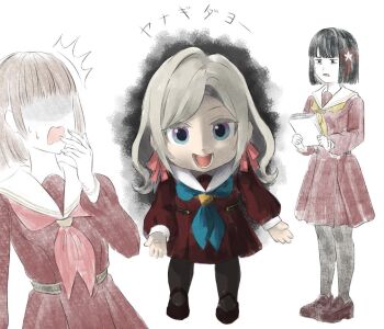 Rule 34 | 3girls, :d, black pantyhose, black shoes, blue neckerchief, bob cut, brown dress, brown hair, brown shoes, ceras yanagida lilienfeld, commentary request, d:, dress, faceless, faceless female, flower, flower knot, hair flower, hair ornament, hasu no sora school uniform, jitome, link! like! love live!, loafers, long sleeves, looking at viewer, love live!, mary janes, medium dress, mikudayo, momose ginko, multiple girls, neckerchief, open mouth, pantyhose, parody, pleated dress, red neckerchief, sailor collar, sailor dress, school uniform, shoes, short hair, smile, surprised, translated, virtual youtuber, white flower, white sailor collar, winter uniform, yellow neckerchief, yoruneko yashiro