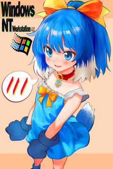 Rule 34 | 1girl, absurdres, animal collar, animal ears, animal hands, blue dress, blue eyes, blue gloves, blue hair, blush, bow, collar, dog ears, dog girl, dog tail, dress, fang, floppy ears, gloves, highres, inu-t, long hair, nt-tan, open mouth, os-tan, paw gloves, paw shoes, ponytail, ress, ribbon, short dress, sleeveless, sleeveless dress, smile, solo, spoken blush, sundress, tail, tsukiyono aroe, windows logo, yellow bow, yellow ribbon