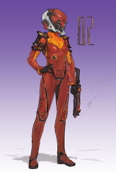 Rule 34 | 1girl, absurdres, armor, black gloves, body cam, bodysuit, breasts, clip studio paint (medium), commentary, covered face, english commentary, full body, gloves, gradient background, gun, hand on own hip, helmet, highres, holding, holding gun, holding weapon, mecha pilot suit, munsplit, neon genesis evangelion, plugsuit (evangelion), purple background, red bodysuit, redesign, science fiction, shoulder armor, small breasts, smoke, smoking barrel, solo, souryuu asuka langley, standing, video camera, weapon