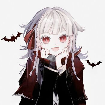 Rule 34 | 1girl, :d, bat (animal), black coat, cloak, coat, fang, hands on own cheeks, hands on own face, hands up, highres, looking at viewer, medium hair, open mouth, quad braids, rainyam6, red cloak, red eyes, reverse:1999, rubuska, skin fang, smile, solo, upper body, white background