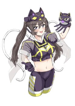 Rule 34 | 1girl, absurdres, black gloves, brown hair, commentary request, duel monster, gloves, gt majoyan, hair between eyes, highres, i:p masquerena, looking at viewer, mask, midriff, purple eyes, see-through clothes, short sleeves, solo, tail, tongue, tongue out, twintails, unworn mask, white background, yu-gi-oh!