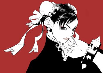 1girl bracelet bun_cover capcom china_dress chinese_clothes chun-li double_bun dress earrings game_cg hair_bun hand_on_own_face harumaru highres jewelry looking_at_viewer non-web_source official_art red_background simple_background solo spiked_bracelet spikes street_fighter street_fighter_iii_(series) studded_bracelet