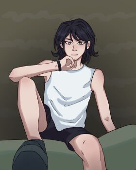 1girl armpits black_hair black_shorts closed_mouth danganronpa:_trigger_happy_havoc danganronpa_(series) female_focus freckles grey_eyes hand_up highres ikusaba_mukuro kirbylord leg_up legs looking_at_viewer low_angle shirt shorts smile solo tank_top tomboy white_shirt white_tank_top wristband