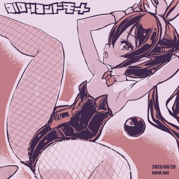 1girl ahoge animal_ear_hairband animal_ears armpits arms_up backbeako_(torotei) backbeard blush bow bowtie breasts carrot commentary_request dated dated_commentary detached_collar fake_animal_ears fishnet_pantyhose fishnets gegege_no_kitarou hair_over_one_eye hairband knee_up kono_lolicon_domome leotard loli long_hair looking_at_viewer monochrome open_mouth original paid_reward_available pantyhose pink_background pink_theme playboy_bunny pointy_ears rabbit_ear_hairband rabbit_ears simple_background small_breasts solo spread_legs strapless strapless_leotard torotei translated twintails watermark web_address wrist_cuffs
