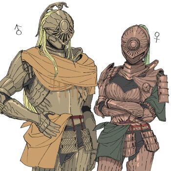 Rule 34 | 1boy, 1girl, armor, commentary request, covered eyes, cowboy shot, crossed arms, dark-skinned female, dark skin, elden ring, elden ring nightreign, executor (elden ring), fringe-trimmed cape, full armor, hands on own hips, head wreath, helmet, helmet over eyes, korean commentary, mars symbol, official alternate costume, plume, venus symbol, white background, xxq 002
