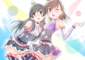 2girls black_hair brown_eyes brown_hair crown gloves green_eyes h.i.t_(59-18-45) idol long_hair misaka_mikoto multiple_girls one_eye_closed saten_ruiko short_hair thighhighs toaru_kagaku_no_railgun toaru_majutsu_no_index toaru_majutsu_no_index:_endymion_no_kiseki