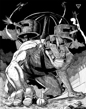 4others ambiguous_gender cart_titan commentary crawling crosshatching hatching_(texture) helmet highres multiple_others other_focus seveninks shingeki_no_kyojin ship_turret smoke three-dimensional_maneuver_gear titan_(shingeki_no_kyojin) watermark