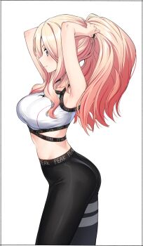 Rule 34 | 1girl, absurdres, arms behind head, arms up, ass, black border, black leggings, blonde hair, border, breasts, closed mouth, clothes writing, gakuen idolmaster, grey eyes, highres, idolmaster, juo sena, kei (soundcross), large breasts, leggings, long hair, multicolored hair, parted bangs, ponytail, profile, red hair, simple background, smile, solo, streaked hair, tying hair, white background