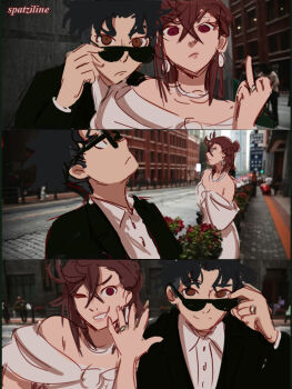 1boy 1girl artist_name ayase_momo black_hair black_jacket brown_eyes brown_hair chinese_wedding_photoshoot city commentary couple dandadan dress english_commentary formal_clothes hetero jacket jewelry looking_at_viewer looking_up off-shoulder_dress off_shoulder one_eye_closed outdoors photo-referenced photo_background ring shirt sketch smile spatziline sunglasses takakura_ken_(dandadan) upper_body urban wedding wedding_ring white_dress white_shirt